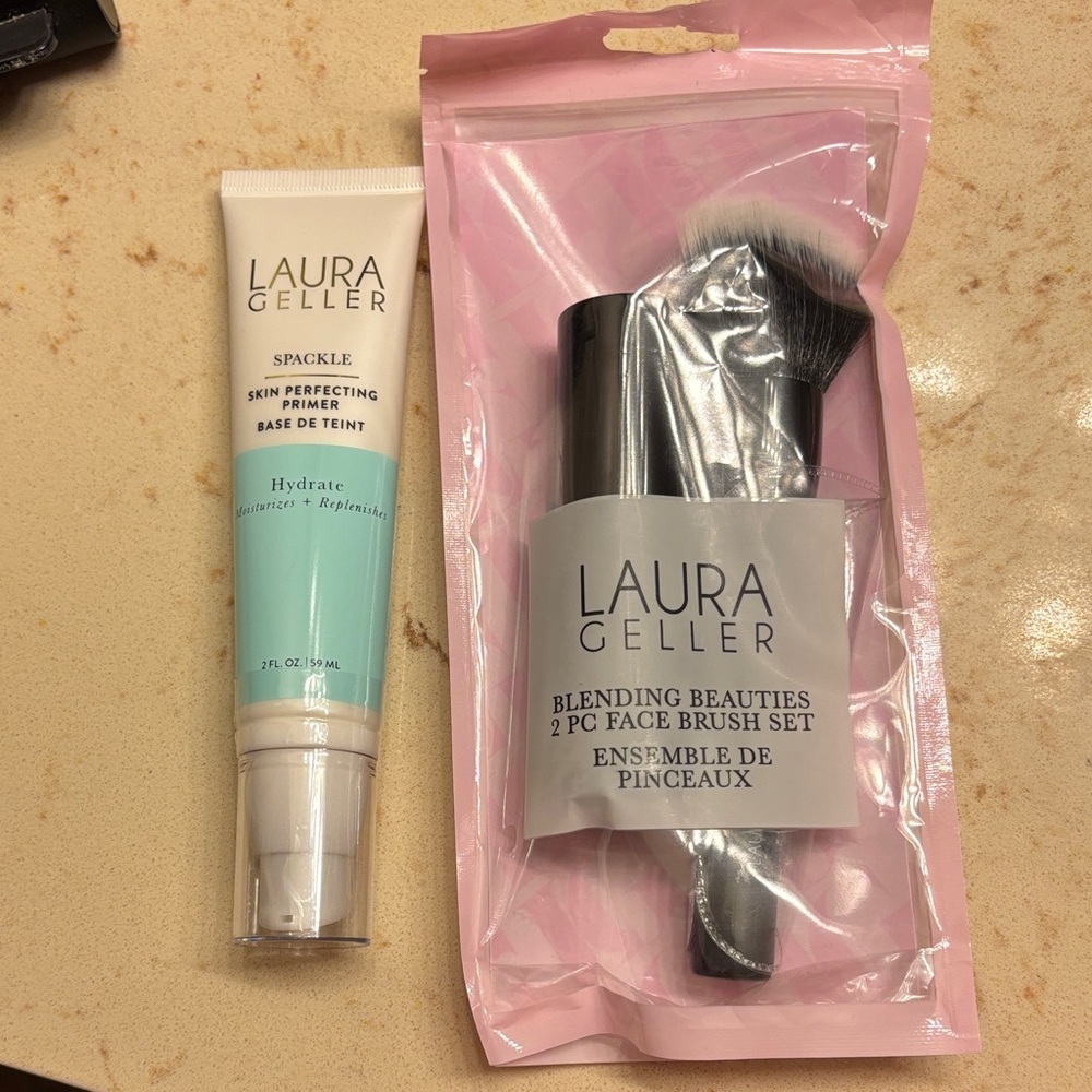 Laura Geller Hydrate Primer and Brush Set - Aqua and Black- Both new & sealed